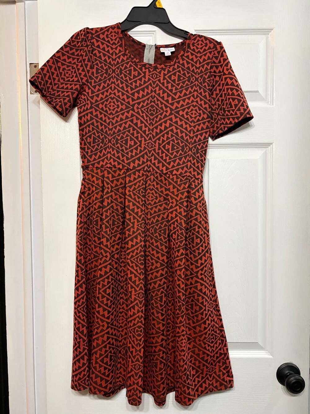 LuLaRoe Amelia Pleated Dress Burnt Orange Black Geometric Aztec Jacquard Size M